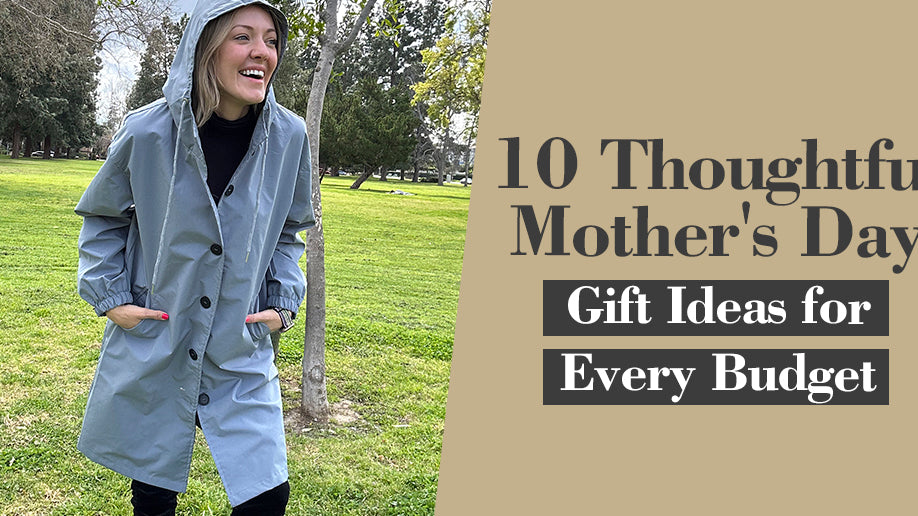 Mother's Day gift ideas guide with a happy woman in a park.