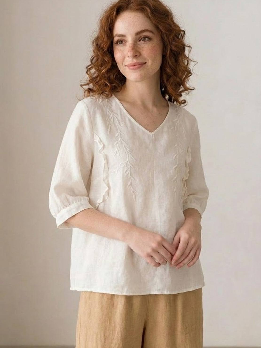 100% cotton linen blend golden hour set with embroidered V-neck top and high-waisted wide-leg trousers