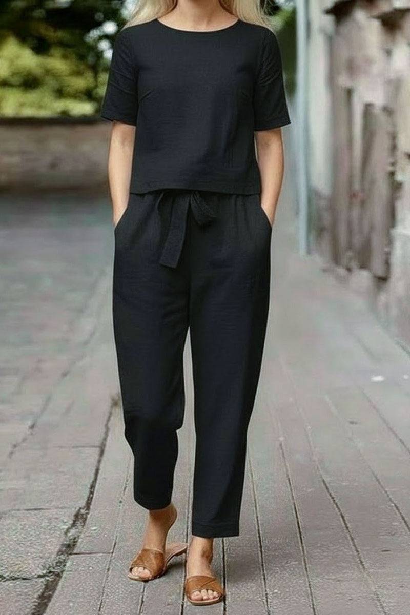 Black cotton linen set with relaxed short-sleeve top and straight-leg pants, breathable and lightweight co-ord for casual wear