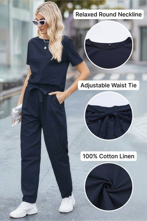 Woman wearing navy blue cotton linen set with relaxed round neckline and adjustable waist tie
