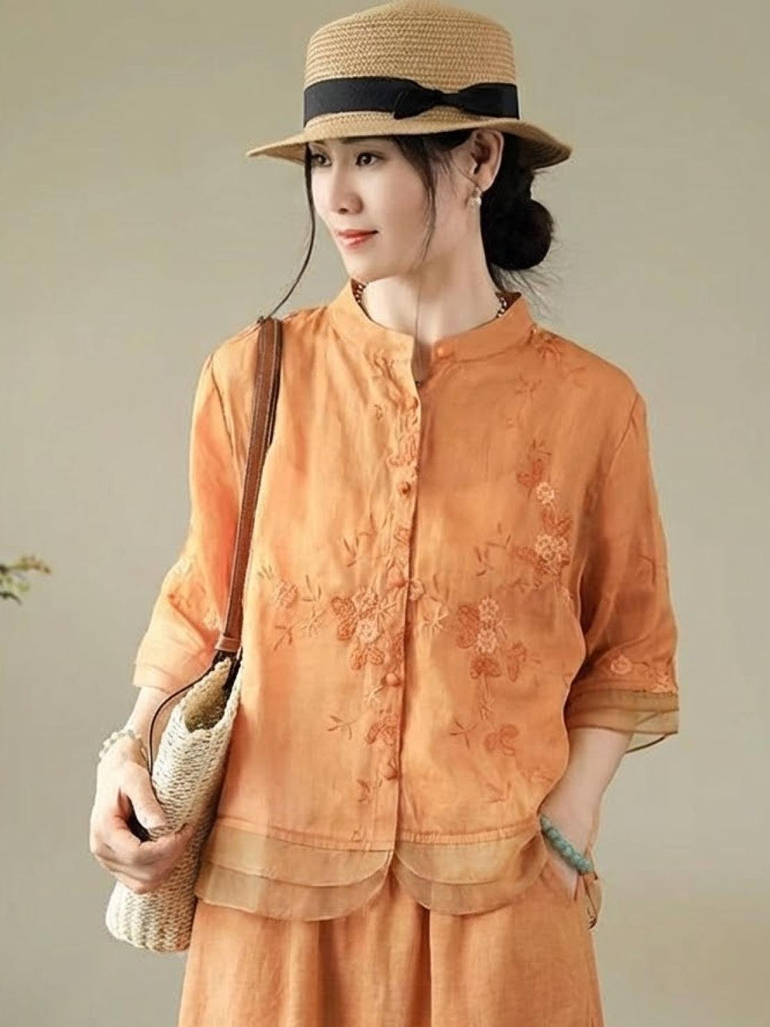 Cotton Linen Tuscany 2-piece set with sheer embroidered top and wide-leg linen trousers in breathable cotton-linen blend fabric