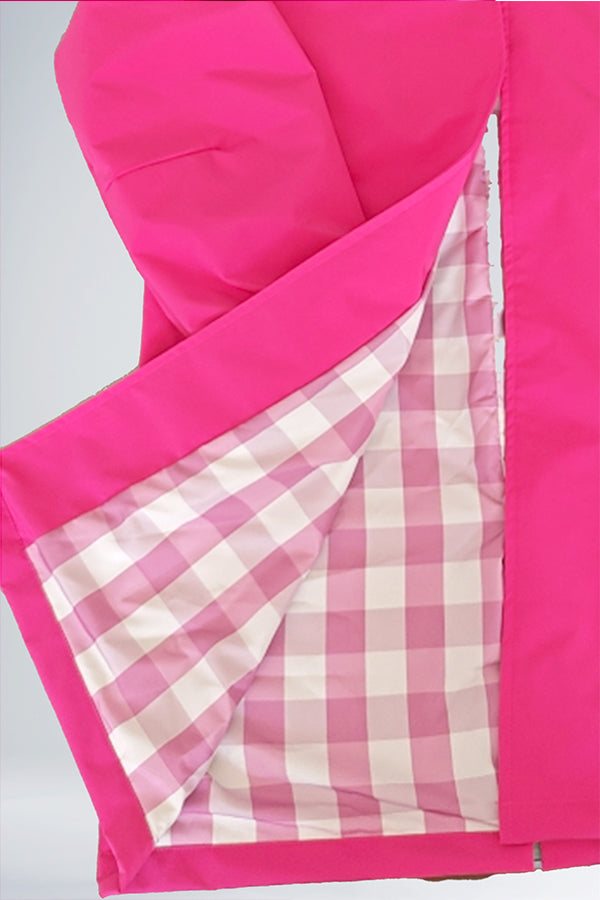 Barbara Pink Raincoat showing bright pink exterior with checkered interior lining