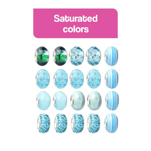 Colorful blue and green beads for kids bracelet-making kit with saturated colors