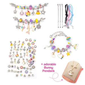 Kids bracelet-making kit with colorful beads, charms, and bunny pendant for creative jewelry crafting.