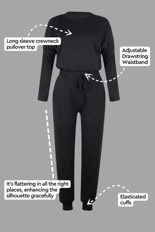 Cozy Chic Two-Piece Sweatsuit set with long sleeve crewneck top and adjustable drawstring waistband pants in black