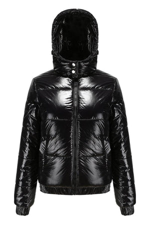 Black reflective anti-splash puffer jacket with undetachable hood and slim fit design