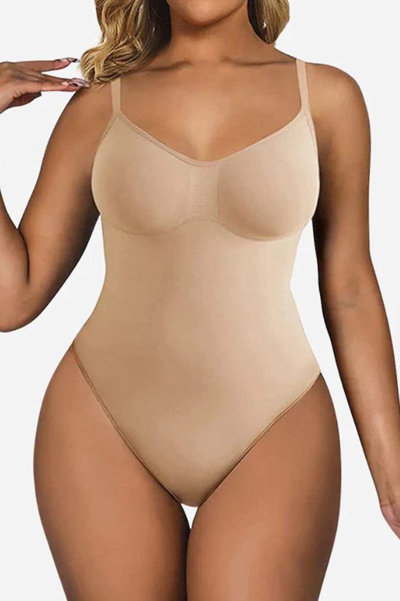 Beige seamless TummyToning Bodysuit with adjustable straps, tummy control, and chest lift for smooth, toned curves.