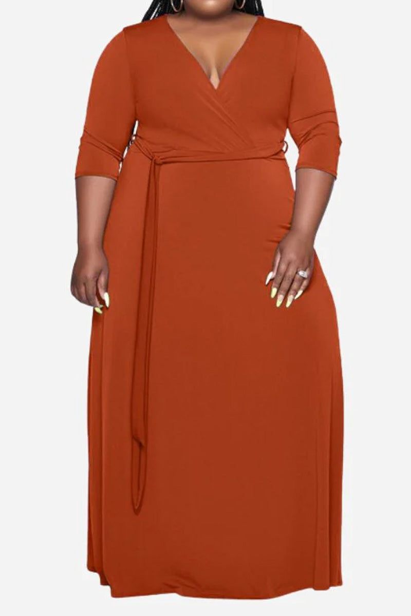 Elegant plus size dress with belt, deep V-neck, 3/4 sleeves, swing skirt in solid rust color