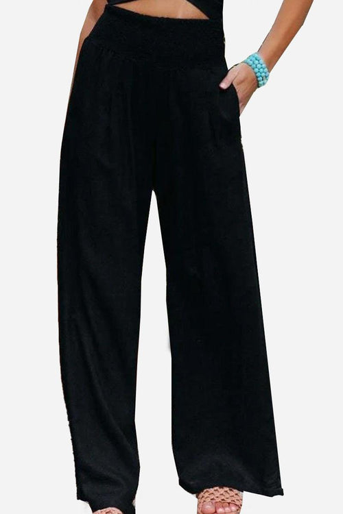 black high-waist cotton linen palazzo pants with wide legs and pockets
