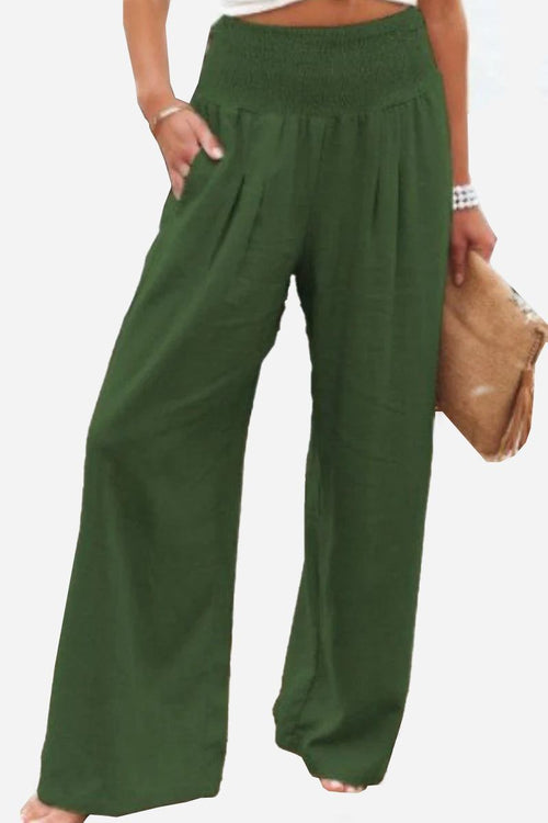 Women's high-waist cotton linen palazzo pants in dark green with wide legs and pockets