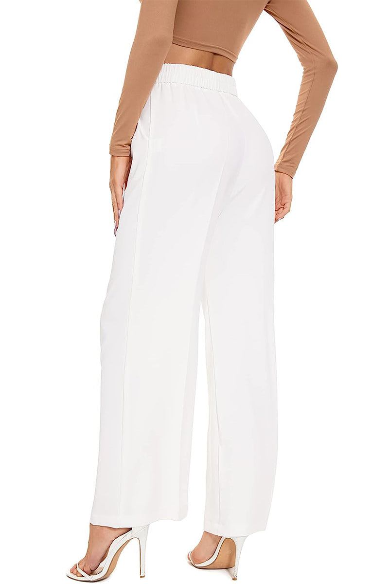 White Classically Vogue Business Trousers with elastic high waist and slim fit on model.