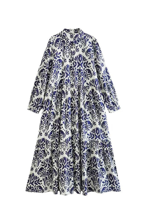 Blue floral lantern sleeves midi dress with loose fit and button-up front design