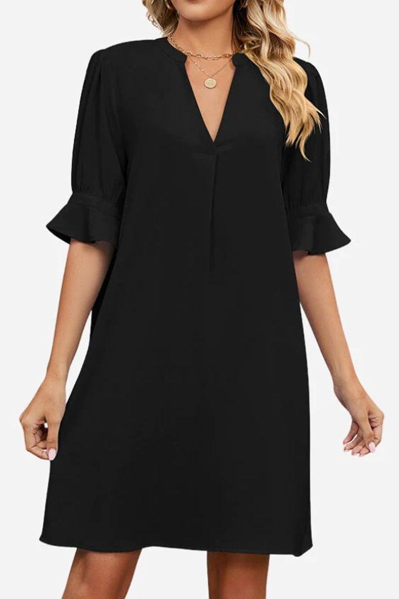Black Dainty Charm Casual Ruffle Dress with V-neck and ruffled sleeves, loose fit, made of breathable polyester fabric.