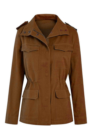 Brown Fashion Cargo Utility Jacket with multiple pockets and adjustable drawstring waist for a trendy utility-chic look