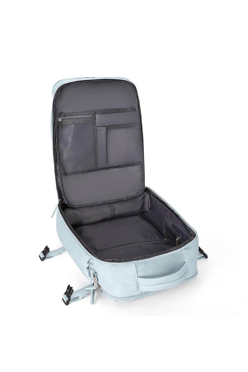 Chic Wanderlust Waterproof Backpack open showing spacious and organized interior compartments with black lining and light blue exterior.