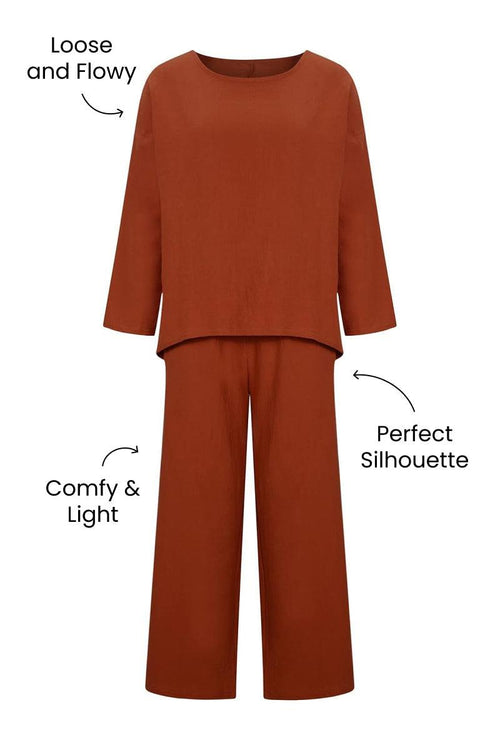 Everyday Fashion Loose-Fit two-piece matching set in rust color, loose and flowy top with comfy, lightweight fabric and perfect silhouette pants