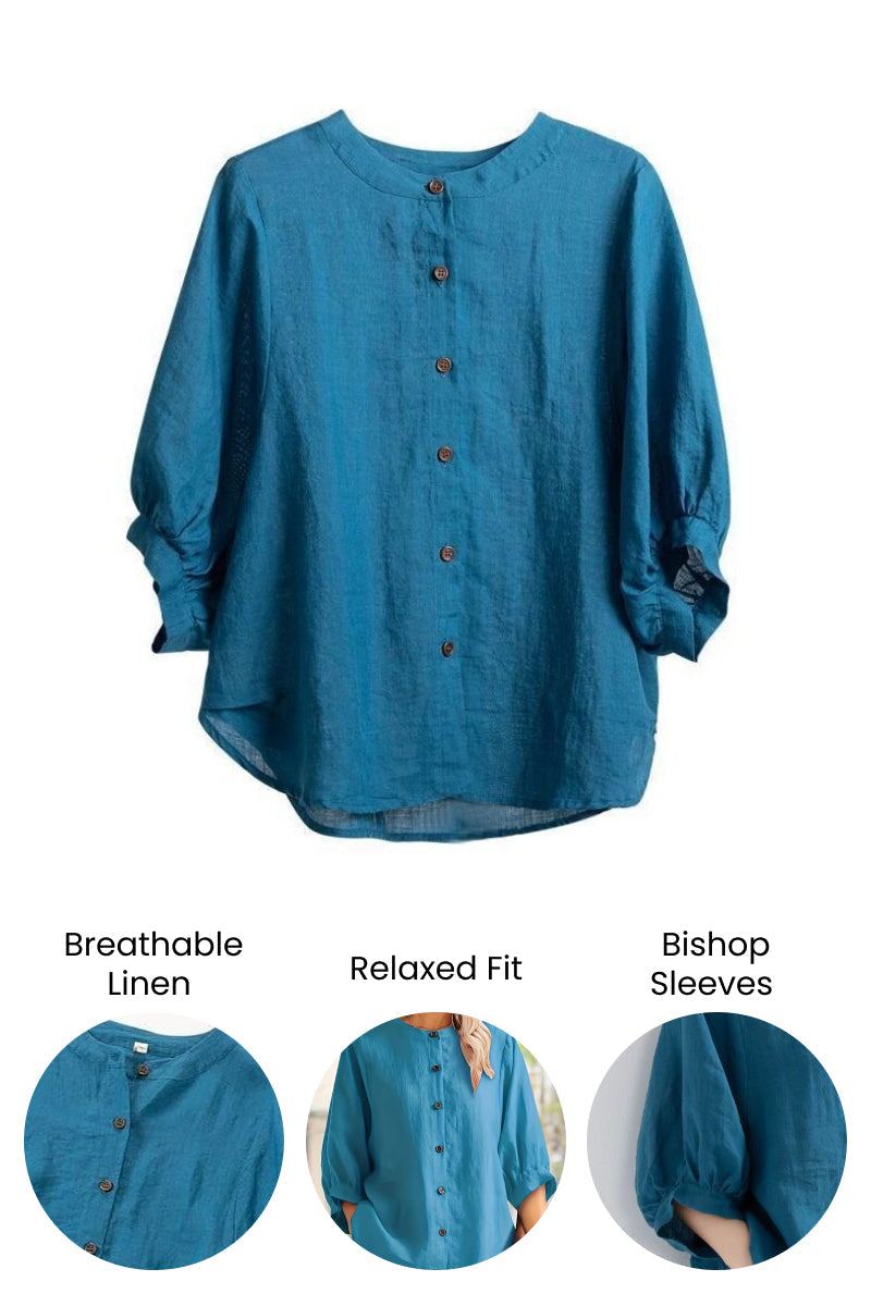 Relaxed loose breathable linen blouse in blue with bishop sleeves and button-down front