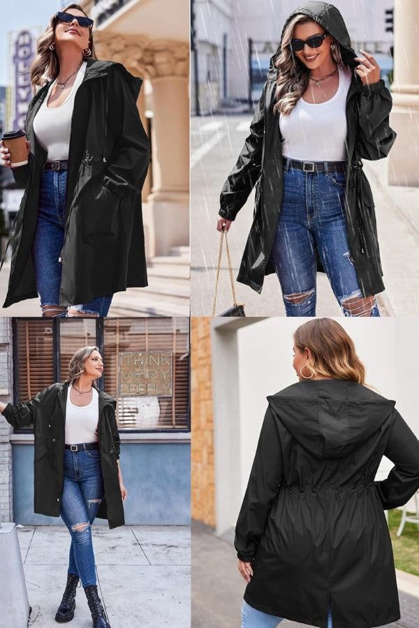 Women wearing black pack light water-resistant windbreaker jackets styled with casual outfits outdoors