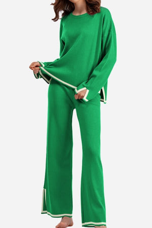 Long sleeved relaxed fit green lounge two-piece set with wide-leg palazzo pants and sweater
