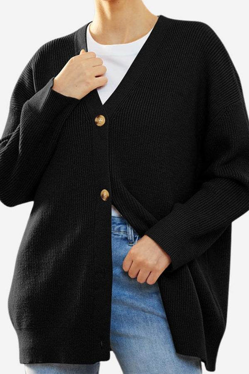 Relaxed fit oversized black knitwear cardigan with button down front and long sleeves