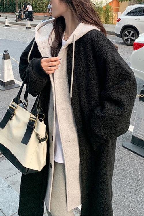 Everyday wear oversized sherpa long coat in black with cozy plush lining and relaxed fit style