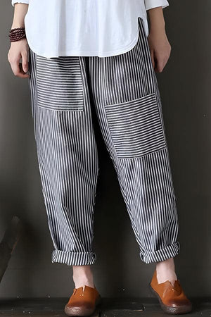 High waist striped casual comfort pants with patch pockets and rolled cuffs