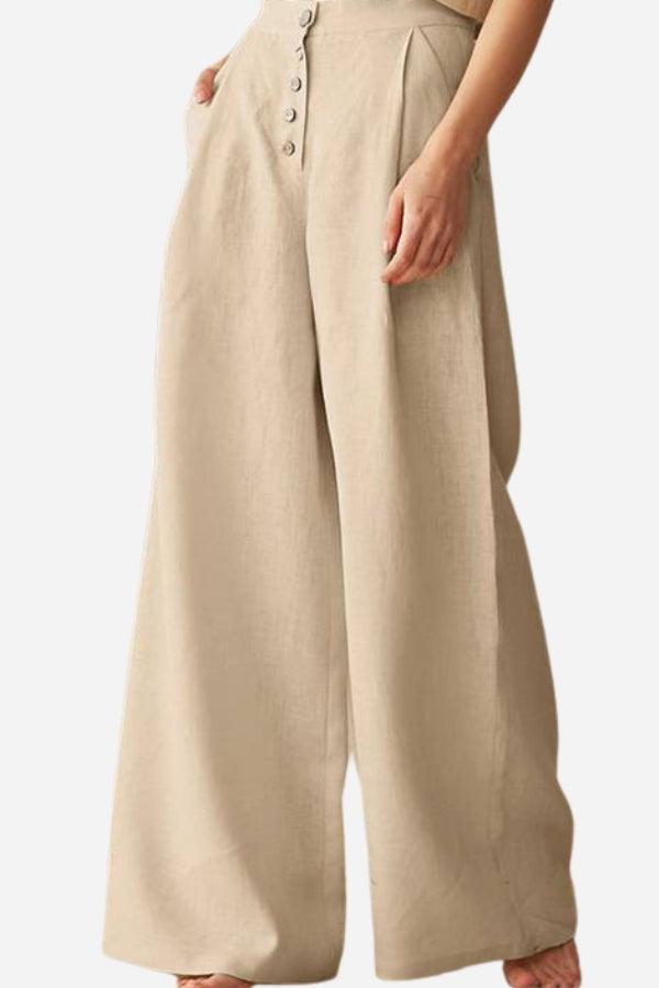 Beige button front high waist wide-leg palazzo pants with pleats and pockets