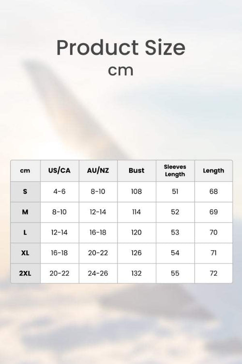 Lightweight puffer travel jacket size chart with measurements in cm for bust, sleeves, and length from S to 2XL.