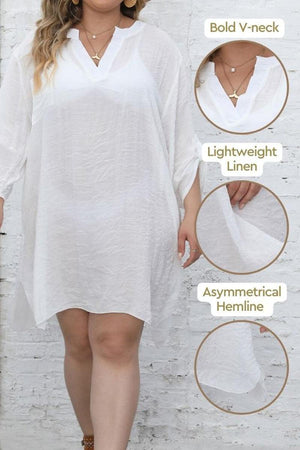 Woman wearing white airy V-neck tunic with lightweight linen fabric and asymmetrical hemline