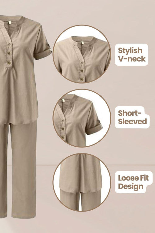 Short-sleeved V-neck top with loose fit and wide trousers in beige cotton suit