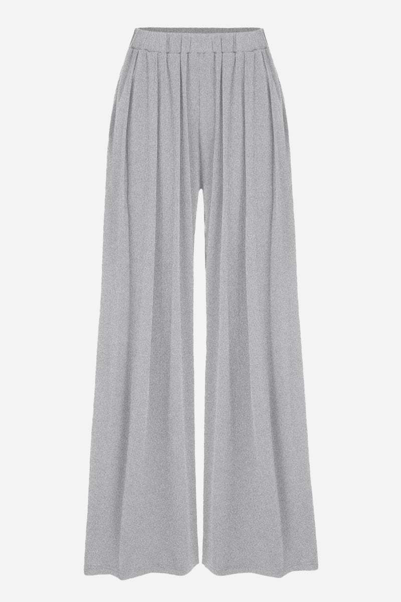 Gray stretchy wide-leg pants with elastic waistband for all-day comfort and sleek silhouette