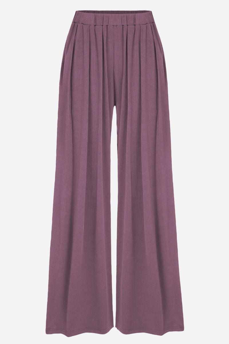 Purple stretchy wide-leg pants with elastic waistband and relaxed fit for all-day comfort