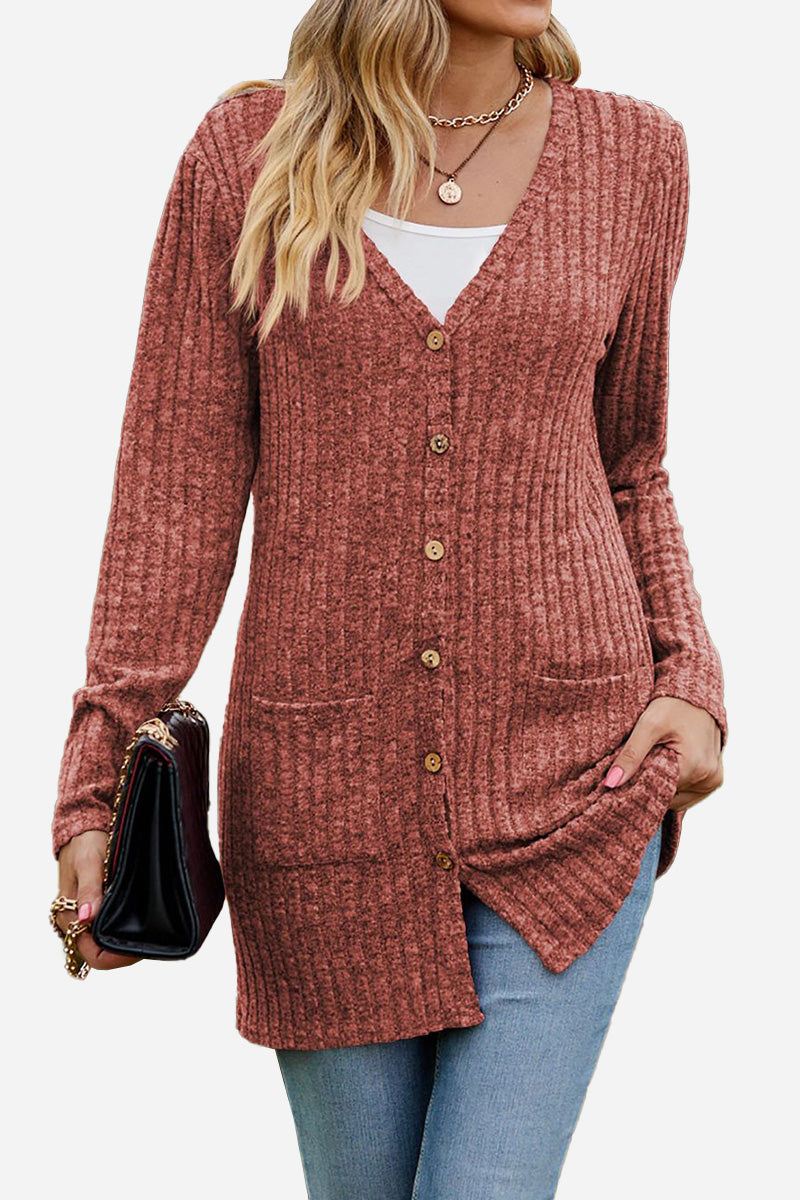 Lightweight ultra soft long knit cardigan with buttons and front pockets in rust color