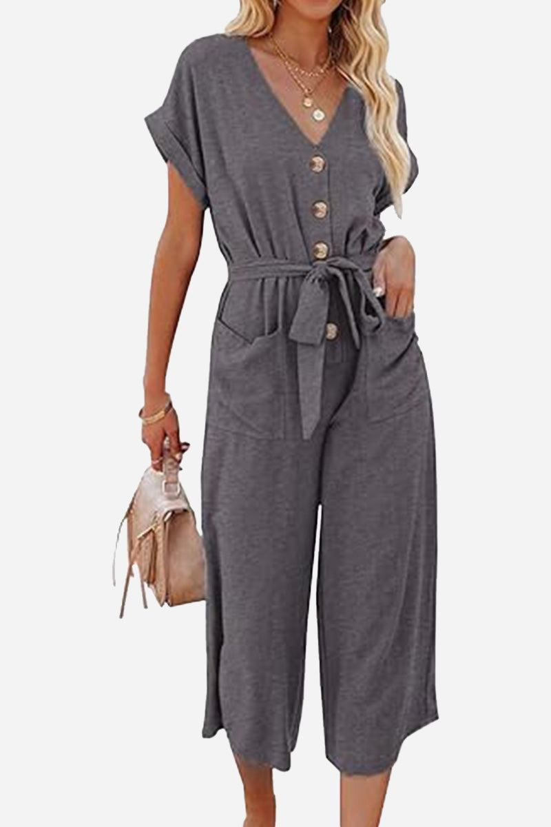 Womenās charcoal grey V-neck lace-up jumpsuit with tie waist and pockets