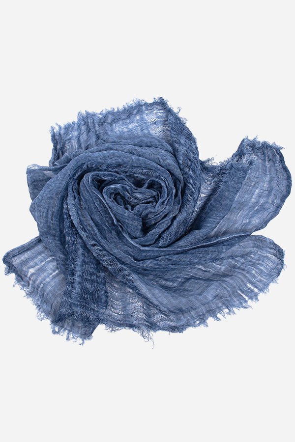 Blue lightweight linen scarf with frayed edges, soft breathable fabric, versatile style accessory