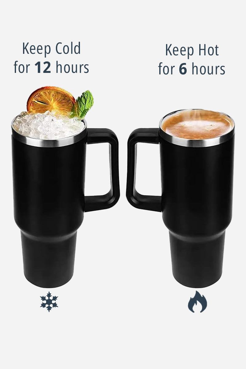 Black stainless steel indestructible travel cup with handle keeping drinks cold for 12 hours and hot for 6 hours