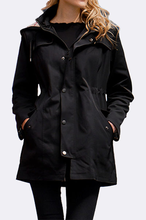 Elegant plaid raincoat windbreaker in black, water-resistant and lightweight women's jacket with a feminine draw-string waist.