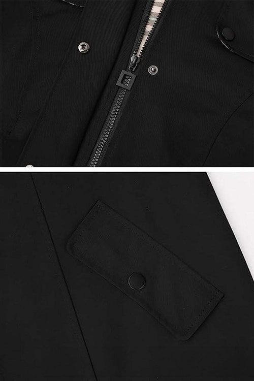 Close-up of black Elegant Plaid Raincoat Windbreaker zipper and button details