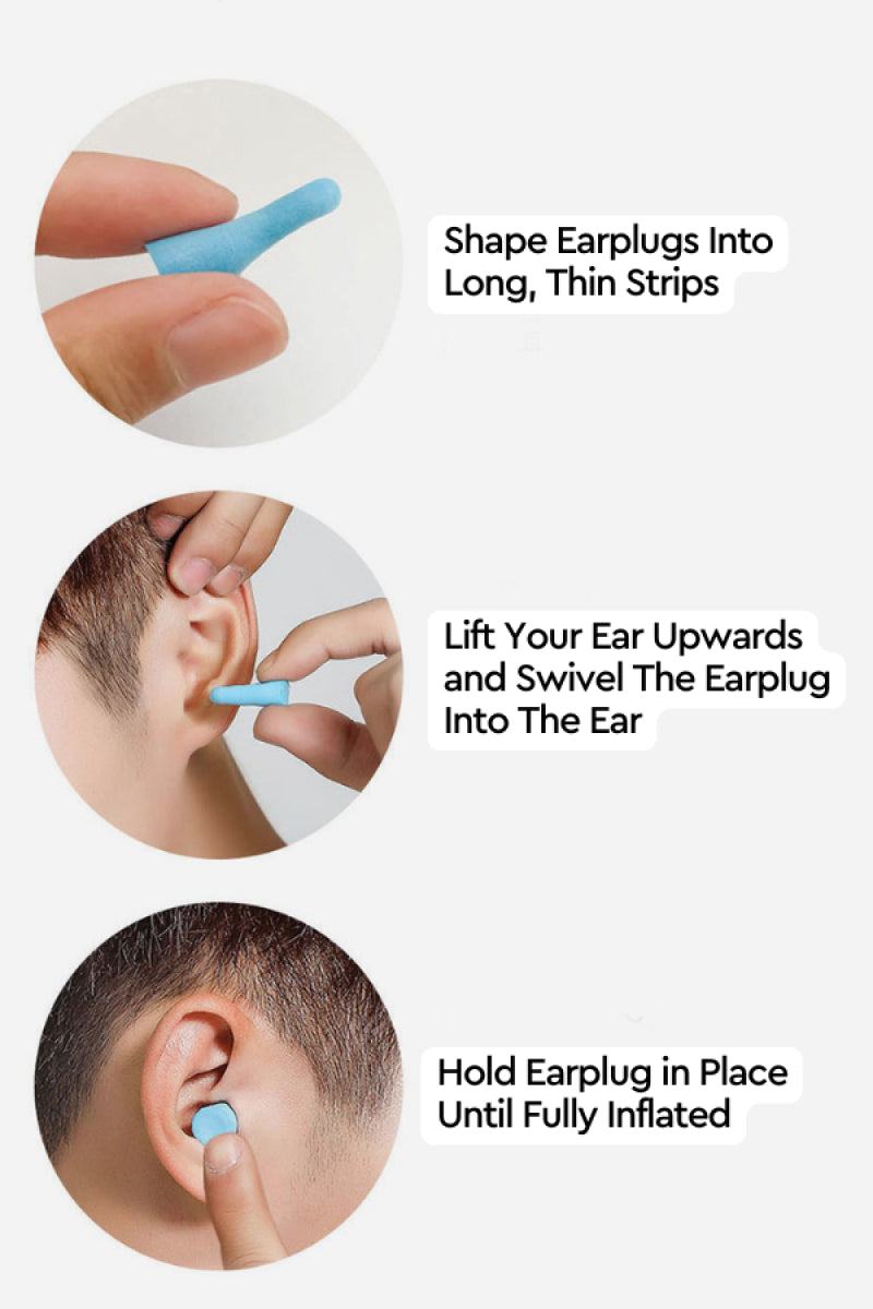 Travel Comfy Kit memory foam neck pillow, blackout eye mask, and noise-blocking earplugs with usage instructions