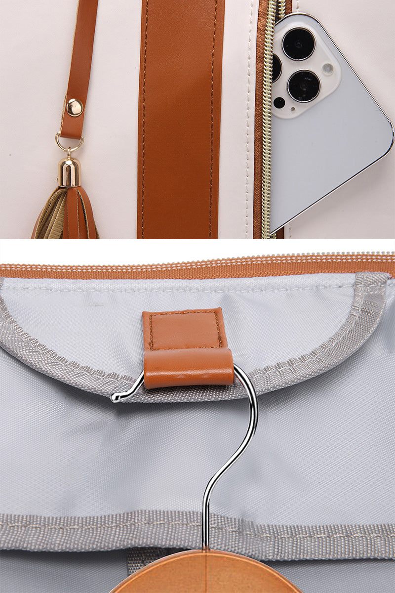 Close-up of zipper and interior hook of No-Wrinkle Foldable Travel Bag in brown and gray tones