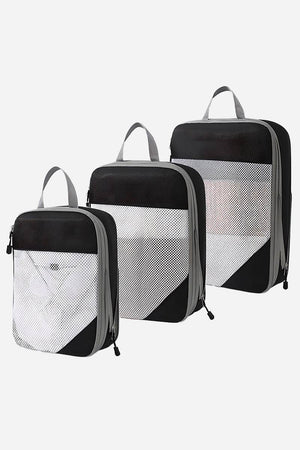 Space-saving compression packing organizers 3-piece set black and white mesh travel bags
