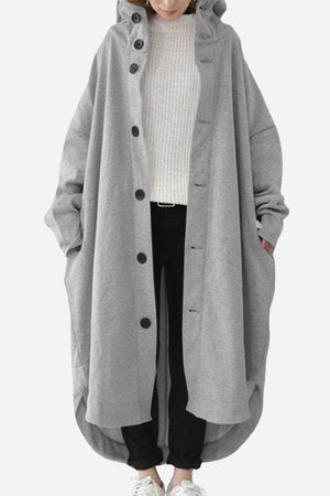 Gray oversized everyday buttoned hooded coat with relaxed fit and roomy pockets, worn over casual outfit