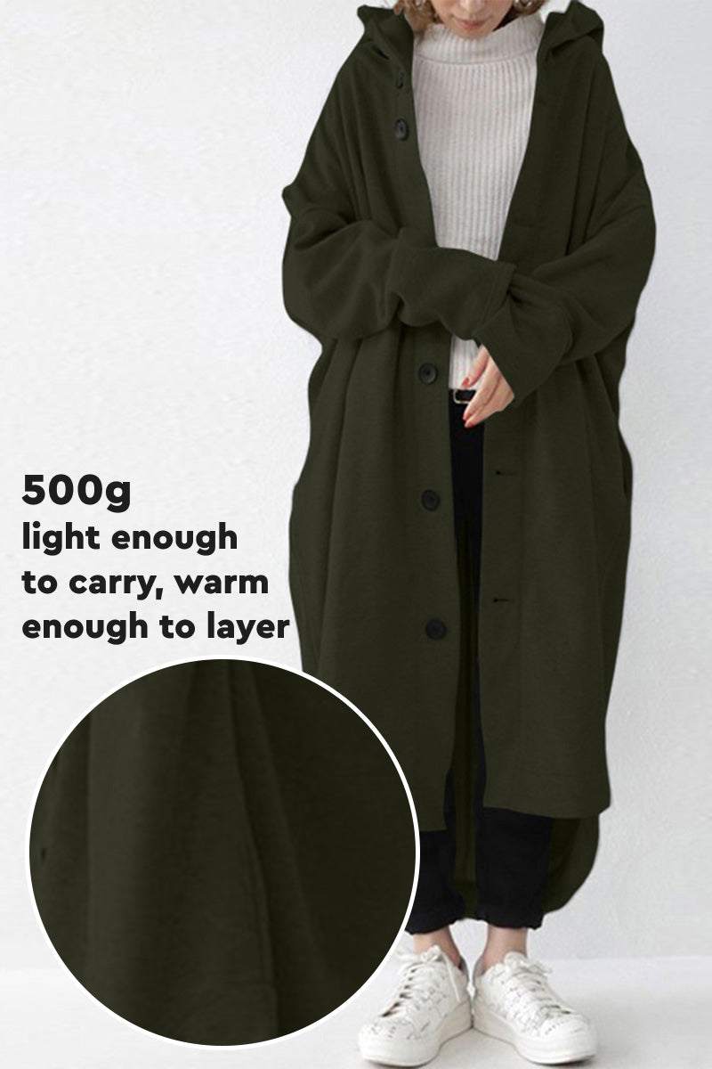 Oversized everyday buttoned hooded coat in lightweight breathable fabric, perfect for layering and travel.