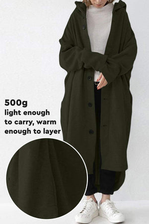Oversized everyday buttoned hooded coat in lightweight breathable fabric, perfect for layering and travel.