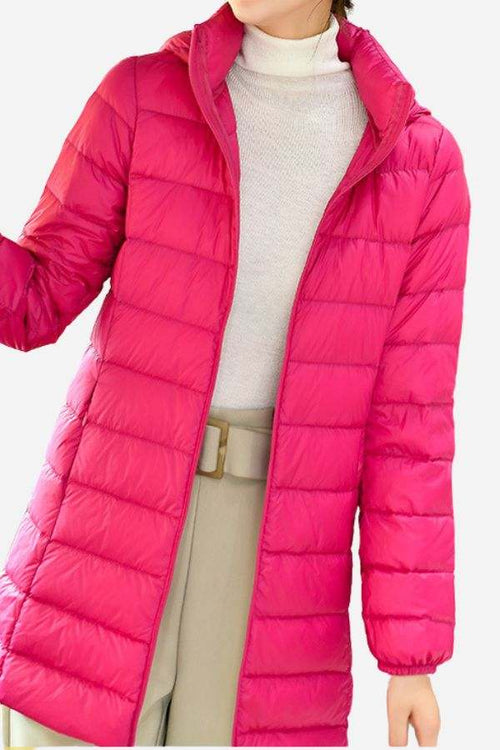 Pink lightweight water-resistant hooded puffer coat for women with a sleek design and quilted pattern