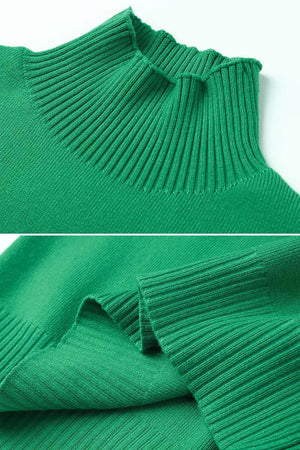 Close-up view of green knitted turtleneck from the Knitted Turtleneck Two-Piece Set showing ribbed texture and fabric stretch