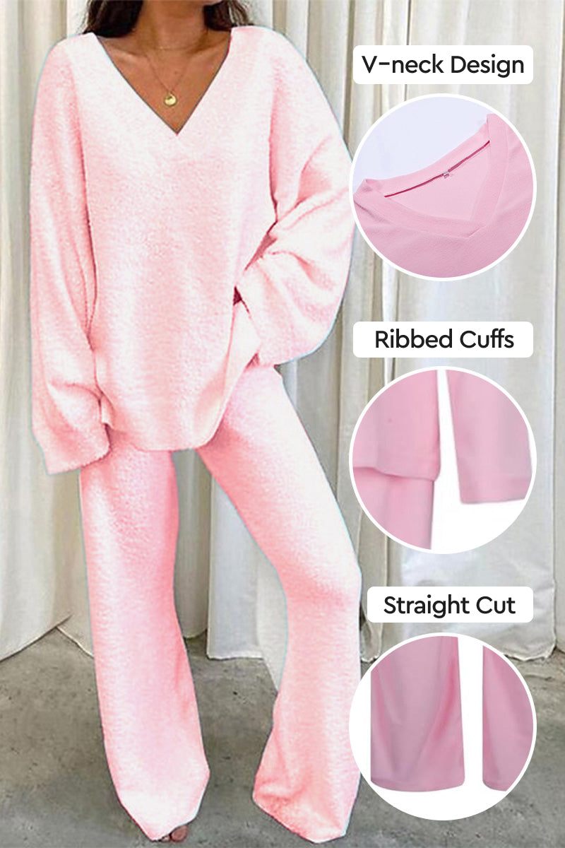 Travel-Ease Two-Piece Set pink loungewear with V-neck, ribbed cuffs, and straight cut pants for comfortable travel