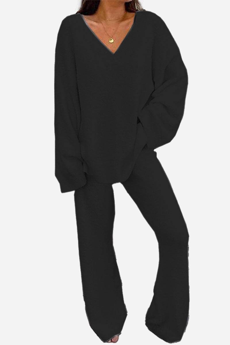 Black Travel-Ease Two-Piece Set with soft stretch V-neck top and comfortable pants for travel and lounging