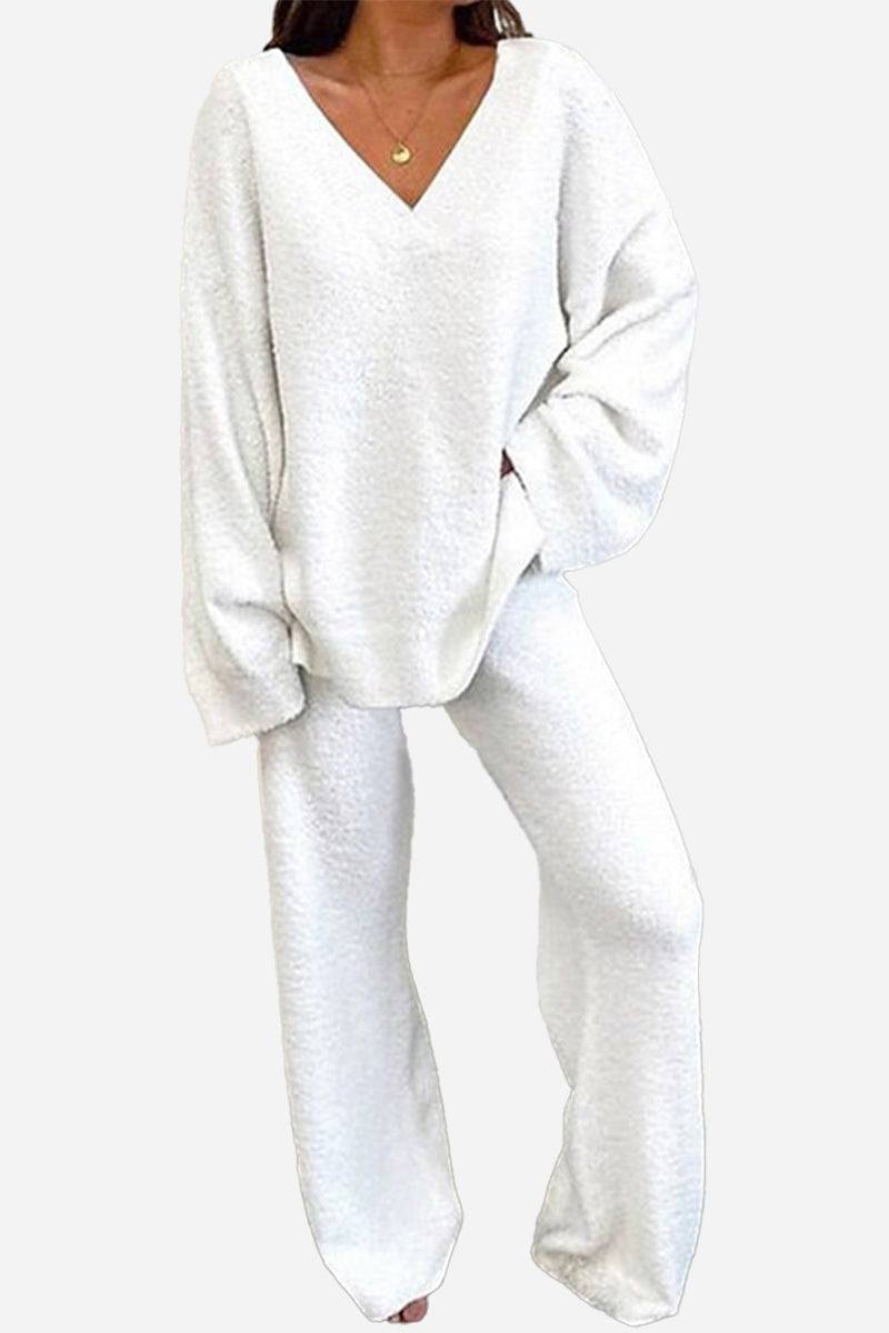 Travel-Ease Two-Piece Set in white, soft breathable fabric with gentle stretch, perfect for comfortable travel and lounging.