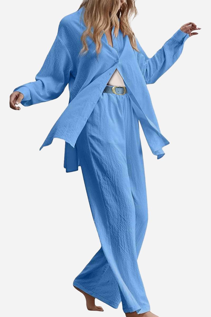 Lightweight blue linen blend two-piece set with long sleeves and wide-leg pants for travel and versatile styling